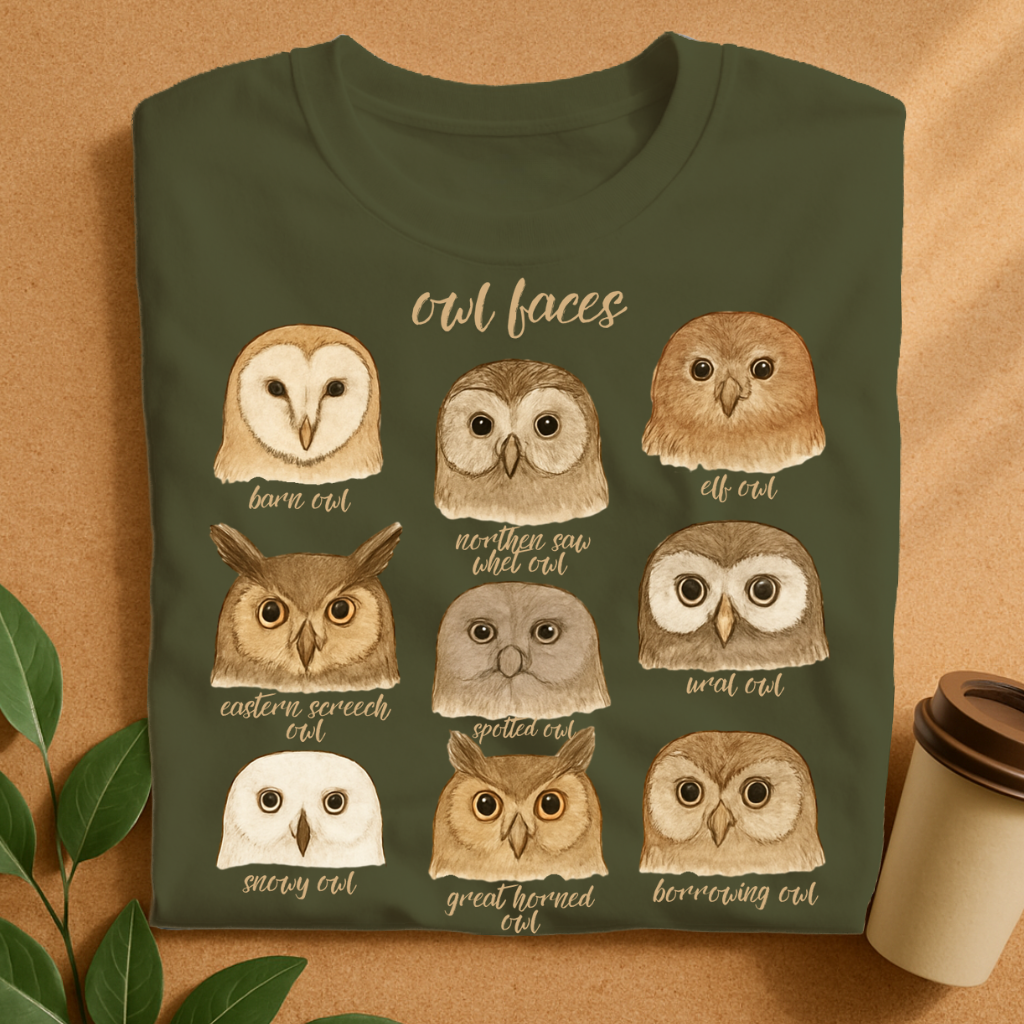 Hand-Drawn Owl Species Faces Collection T-Shirt