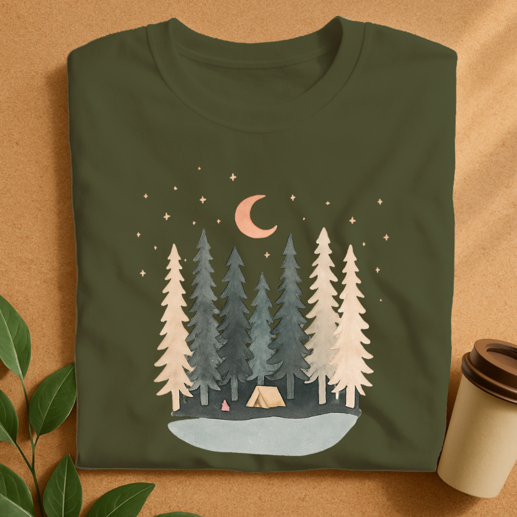 Serene Night Camp by the Pine Forest T-Shirt