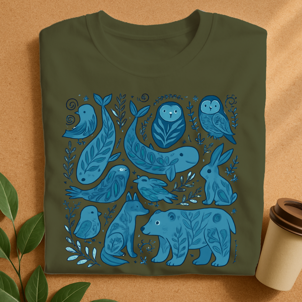 Blue Woodland Creatures with Leafy Details T-Shirt