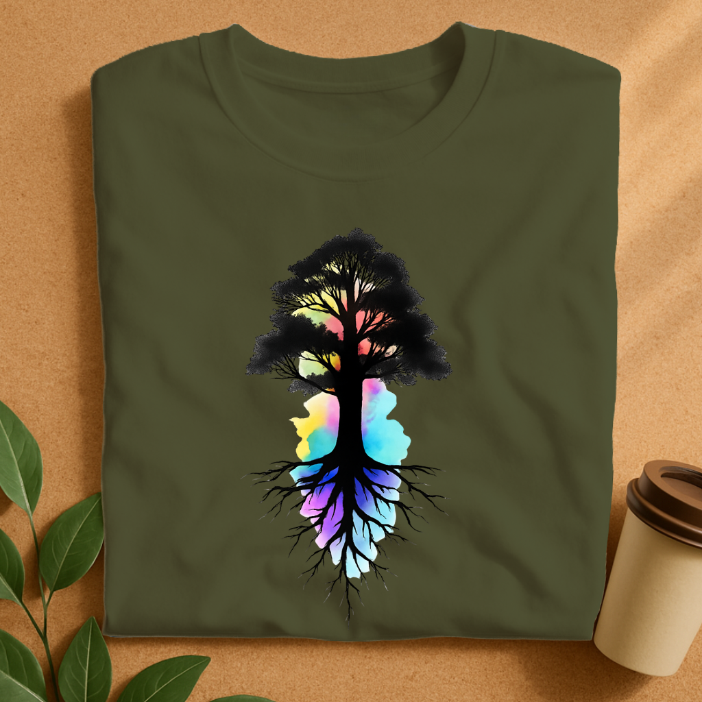 Silhouette Tree with Vibrant Watercolor Roots T-Shirt