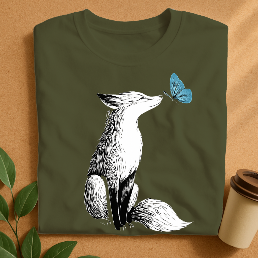 Curious Fox and Blue Butterfly Contrast T-Shirt