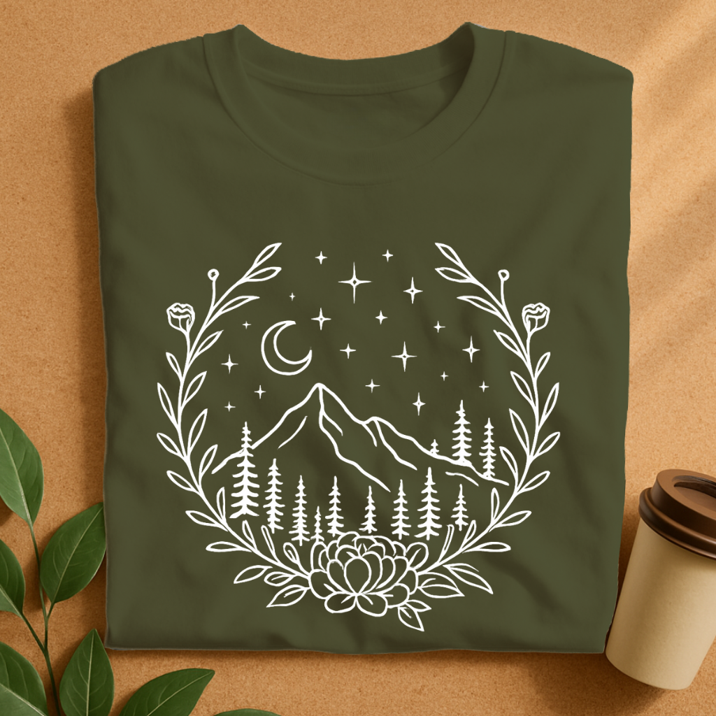 Night Mountain Escape with Floral Frame T-Shirt