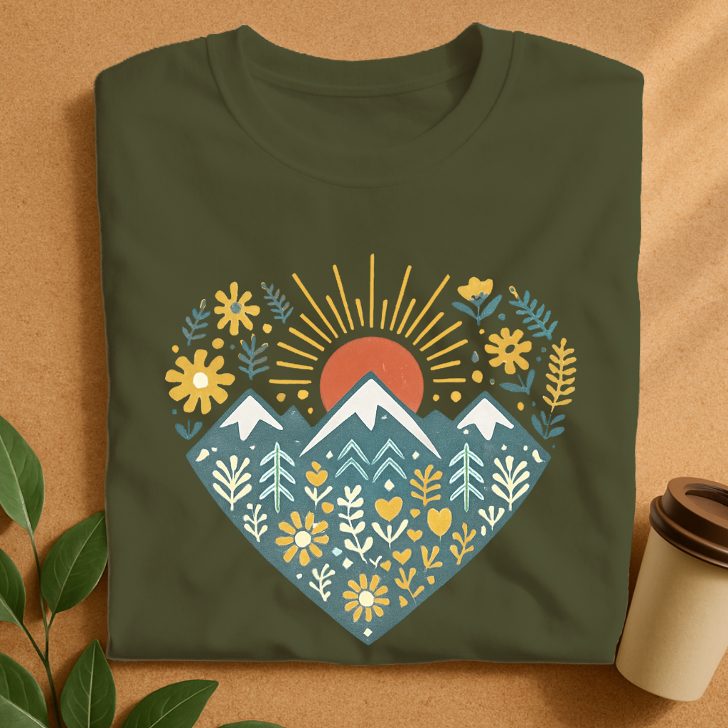 Sunrise Mountain Meadow Floral Heart T-Shirt