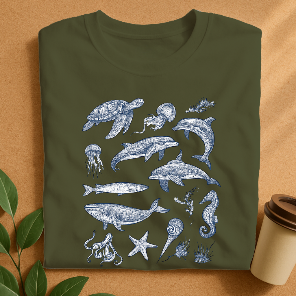 Intricate Ocean Life Sketches on White T-Shirt