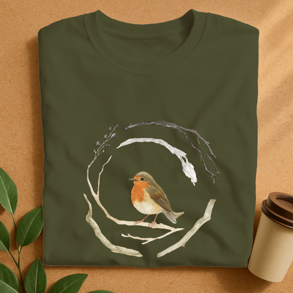 Watercolor Robin Bird with Natural Branch Wreath T-Shirt