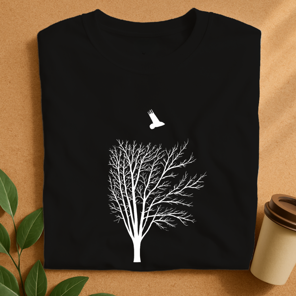 Minimalist Black Tree with Flying Bird Silhouette T-Shirt