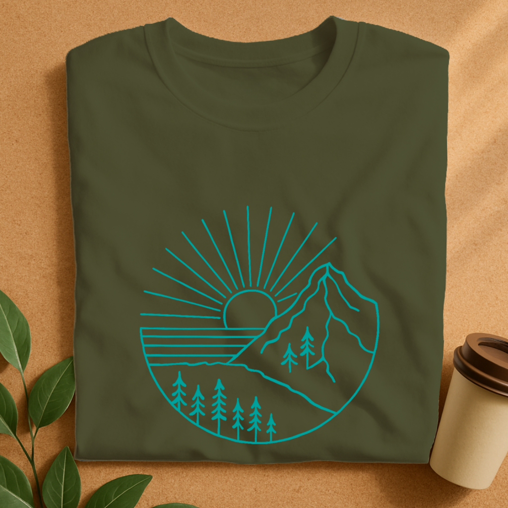 Minimalist Mountain Sunset Line Art T-Shirt