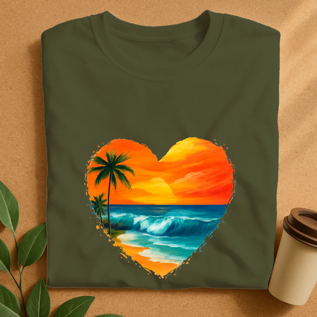 Heart-Shaped Tropical Sunset Beach Scene T-Shirt
