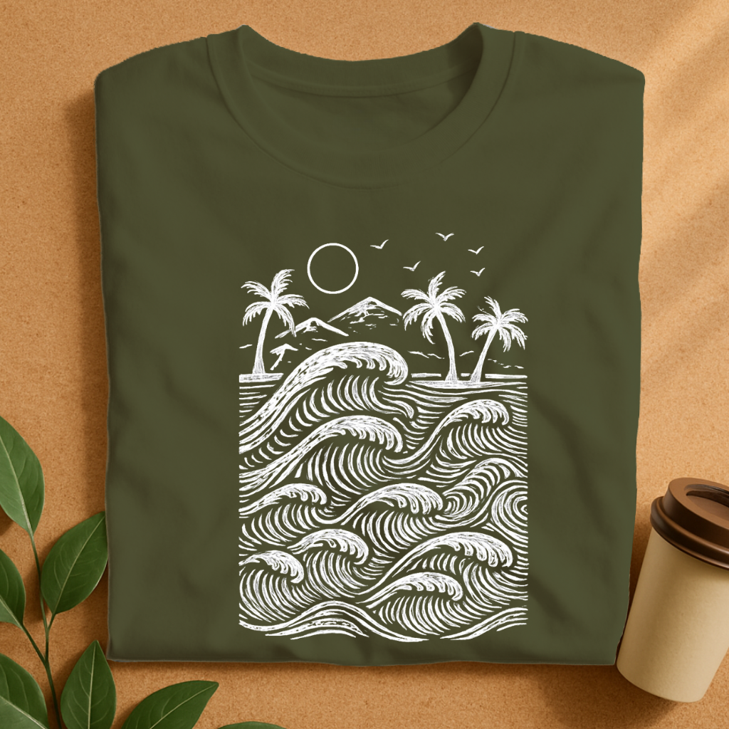 Tropical Waves and Palms Monochrome Design T-Shirt