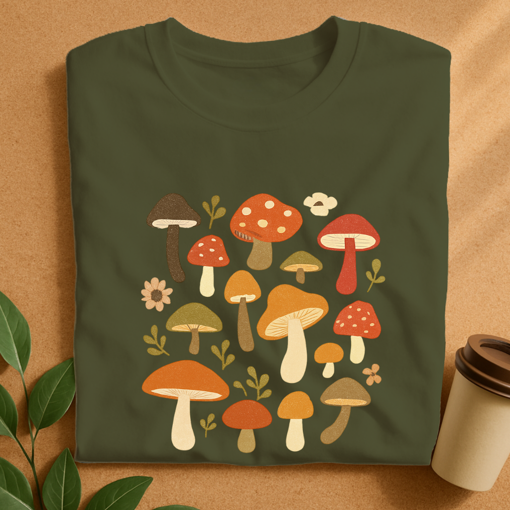 Whimsical Autumn Mushrooms and Greenery Patch T-Shirt