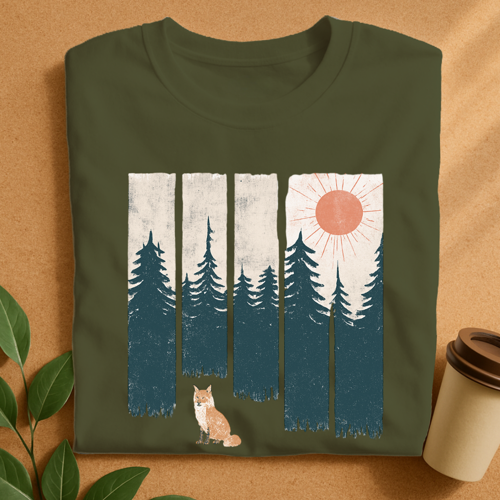 Rustic Fox and Forest Sunset Silhouette T-Shirt