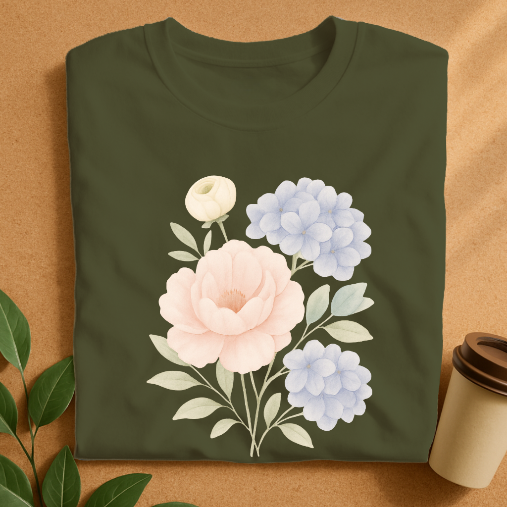 Soft Pastel Peony and Hydrangea Bouquet T-Shirt