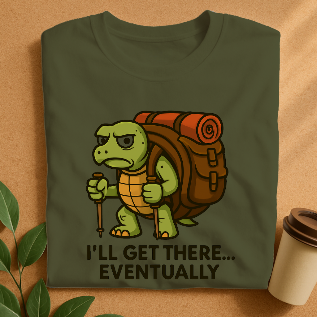 Grumpy Tortoise Trekker with Giant Backpack – Slow & Steady Adventure T-Shirt