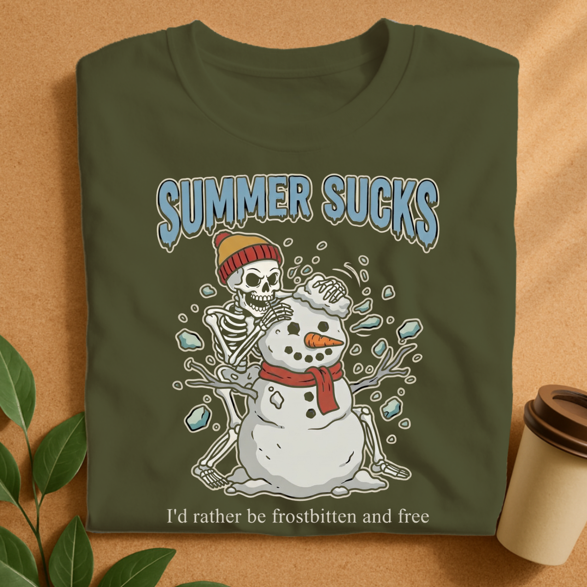 Summer Sucks Frostbitten Skeleton Snowman T-Shirt