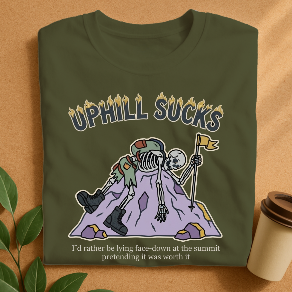 Uphill Sucks Hiking Skeleton T-Shirt