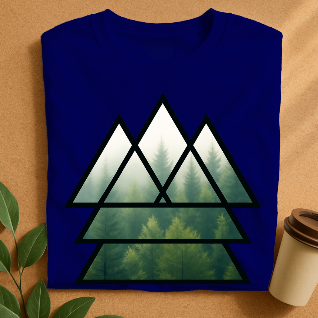 Geometric Forest Mist T-Shirt — Triangular Minimalist Nature Tee