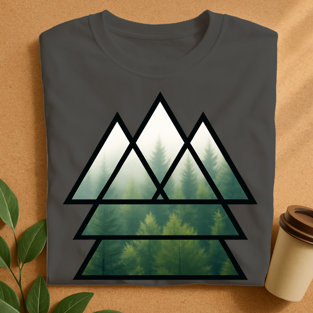 Geometric Forest Mist T-Shirt — Triangular Minimalist Nature Tee