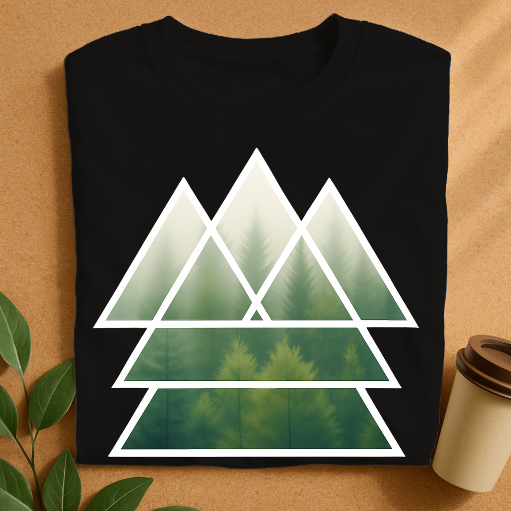 Geometric Forest Mist T-Shirt — Triangular Minimalist Nature Tee