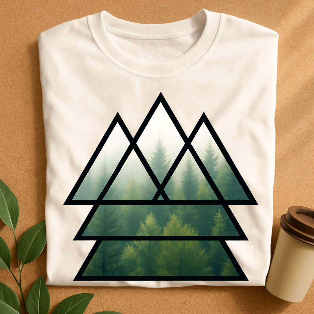Geometric Forest Mist T-Shirt — Triangular Minimalist Nature Tee