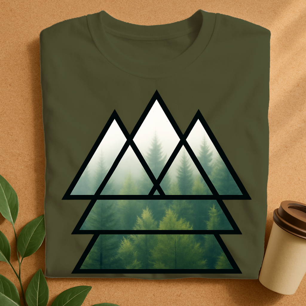 Geometric Forest Mist T-Shirt — Triangular Minimalist Nature Tee