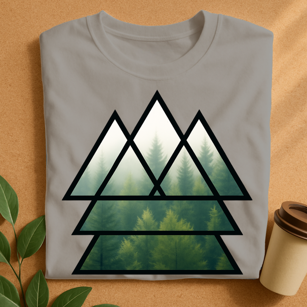 Geometric Forest Mist T-Shirt — Triangular Minimalist Nature Tee