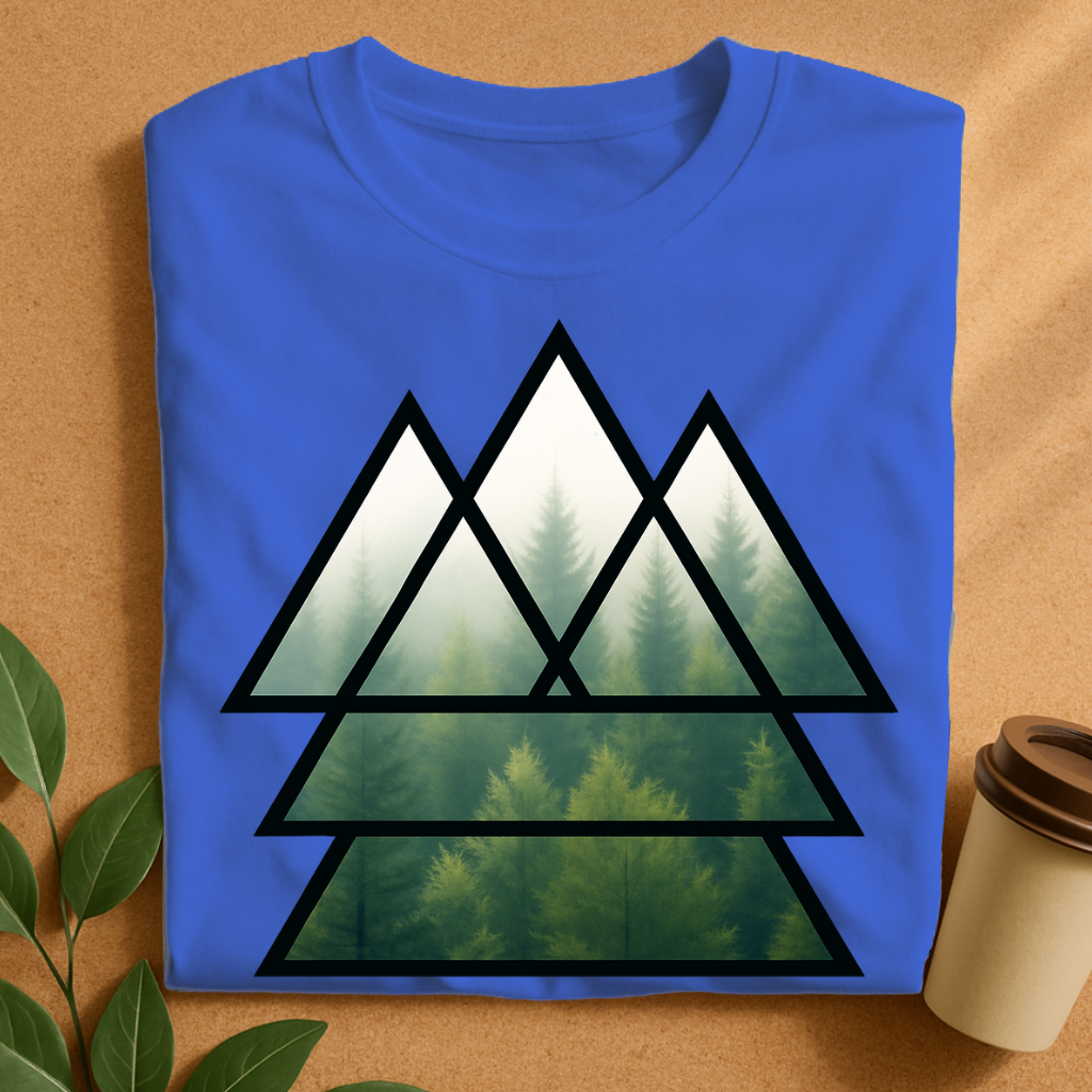 Geometric Forest Mist T-Shirt — Triangular Minimalist Nature Tee