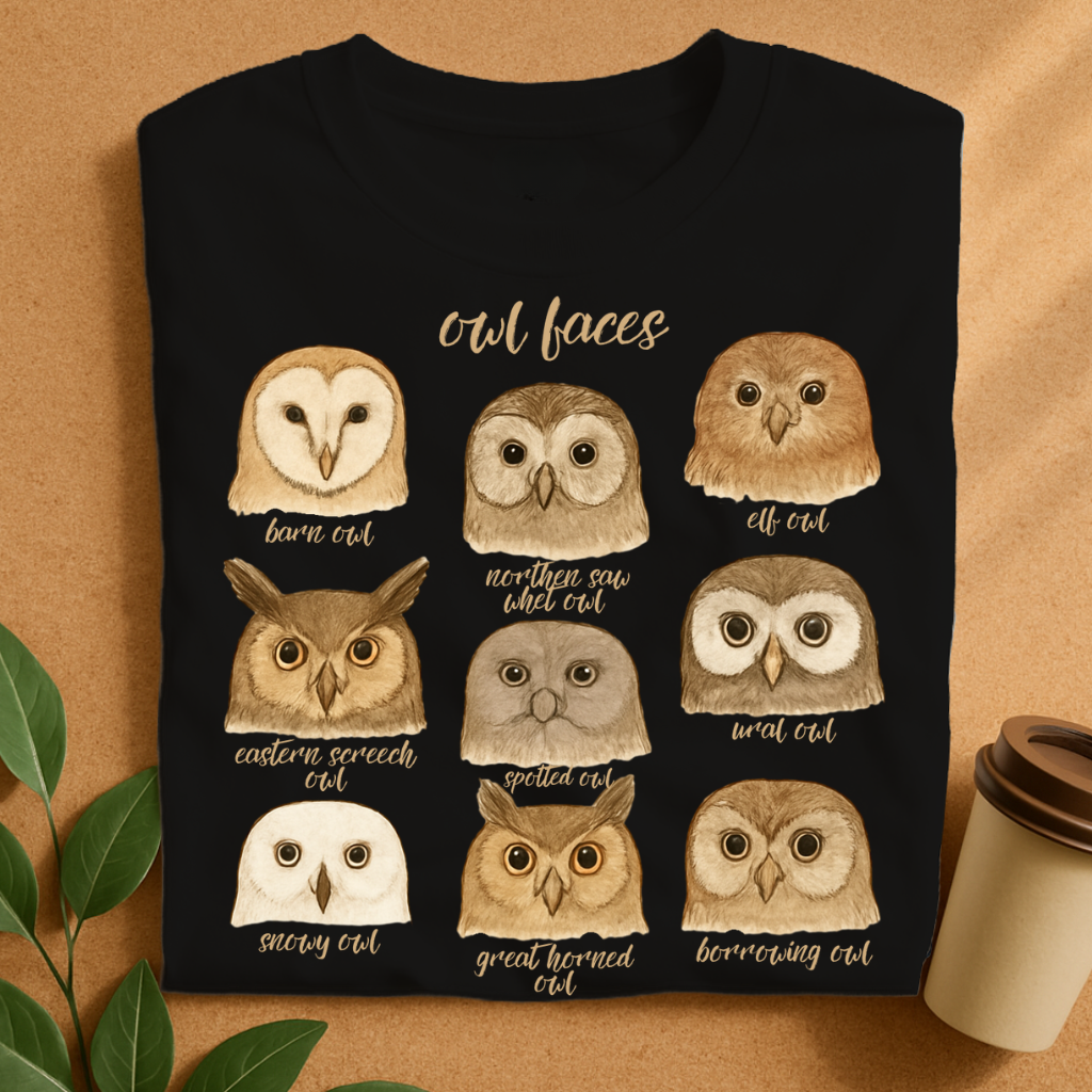 Hand-Drawn Owl Species Faces Collection T-Shirt