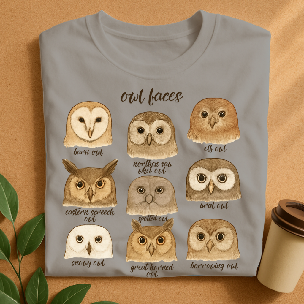 Hand-Drawn Owl Species Faces Collection T-Shirt