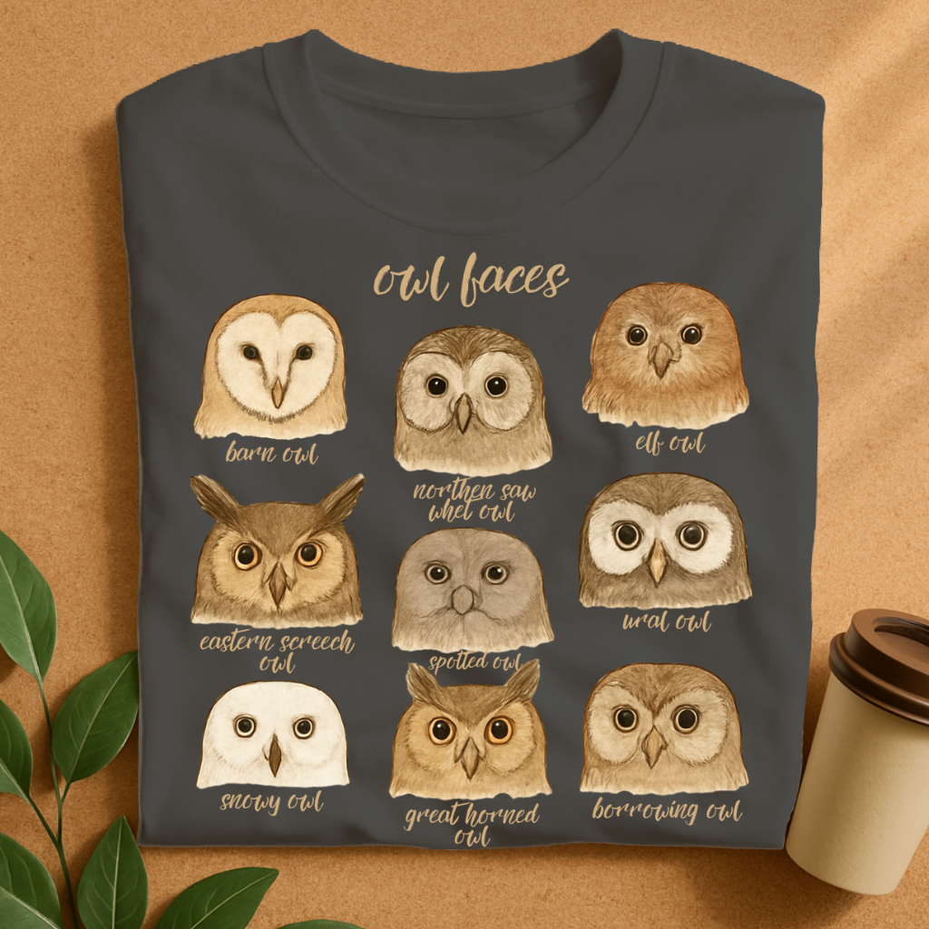 Hand-Drawn Owl Species Faces Collection T-Shirt