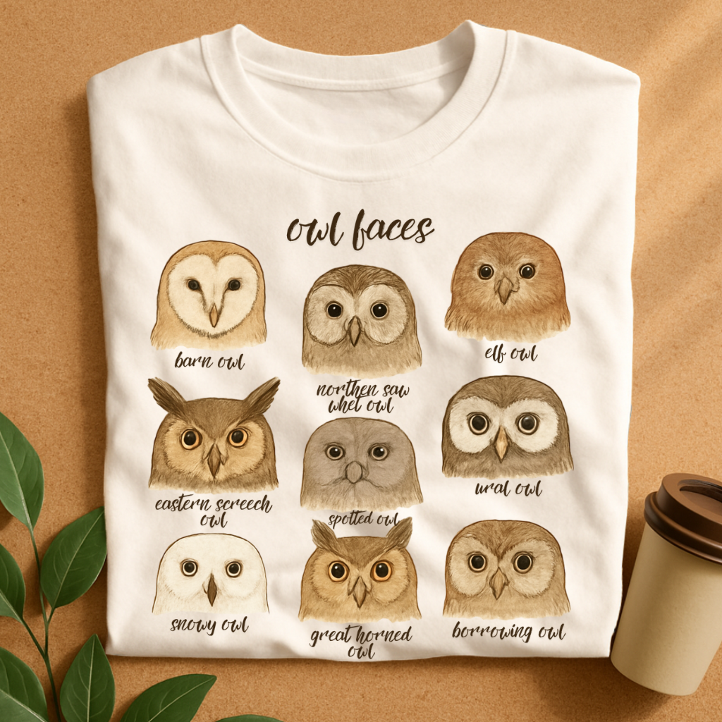 Hand-Drawn Owl Species Faces Collection T-Shirt