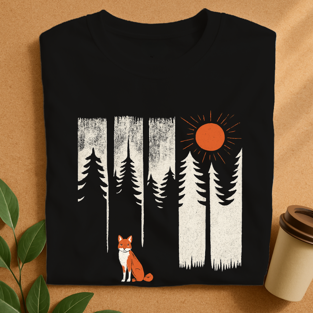 Rustic Forest Scene with Fox & Sun Silhouettes T-Shirt