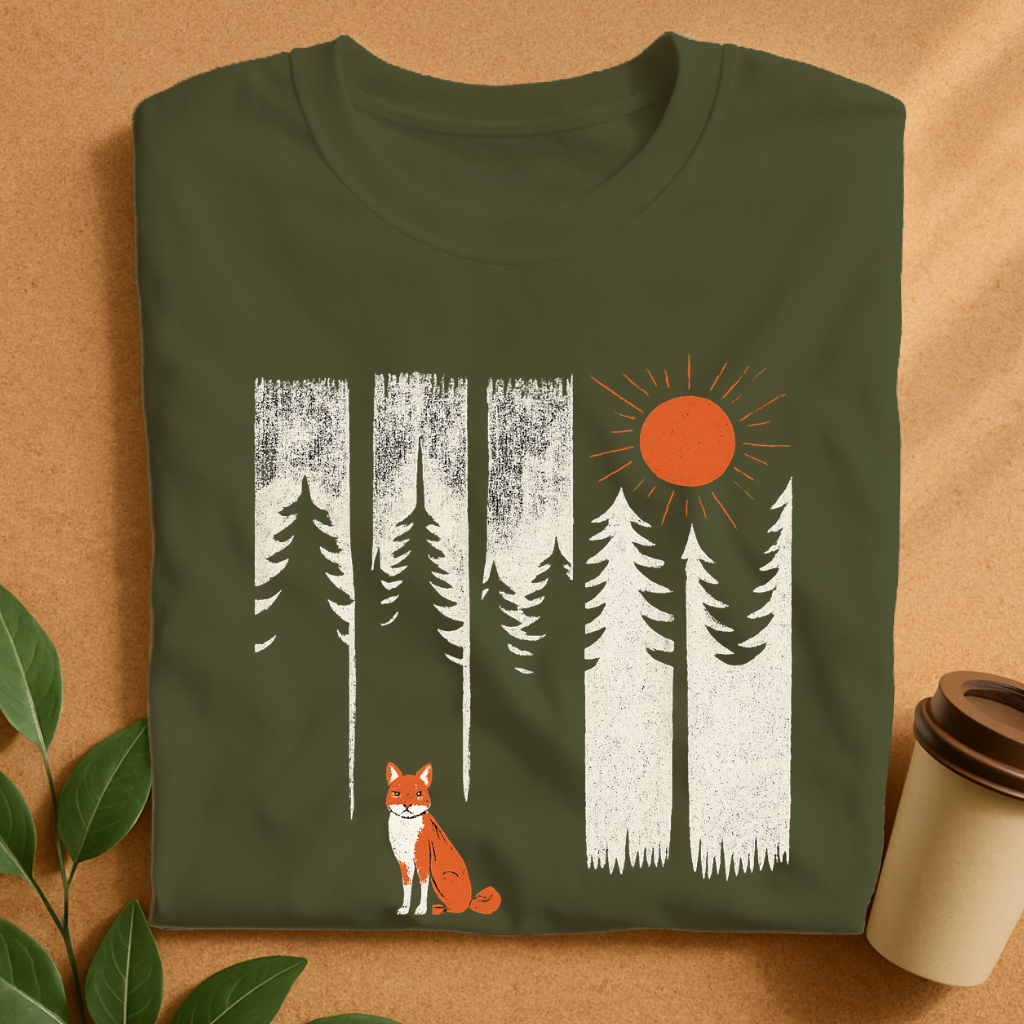 Rustic Forest Scene with Fox & Sun Silhouettes T-Shirt