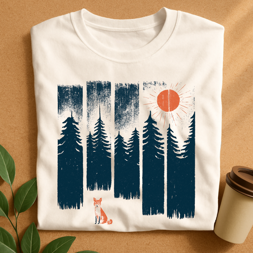 Rustic Forest Scene with Fox & Sun Silhouettes T-Shirt