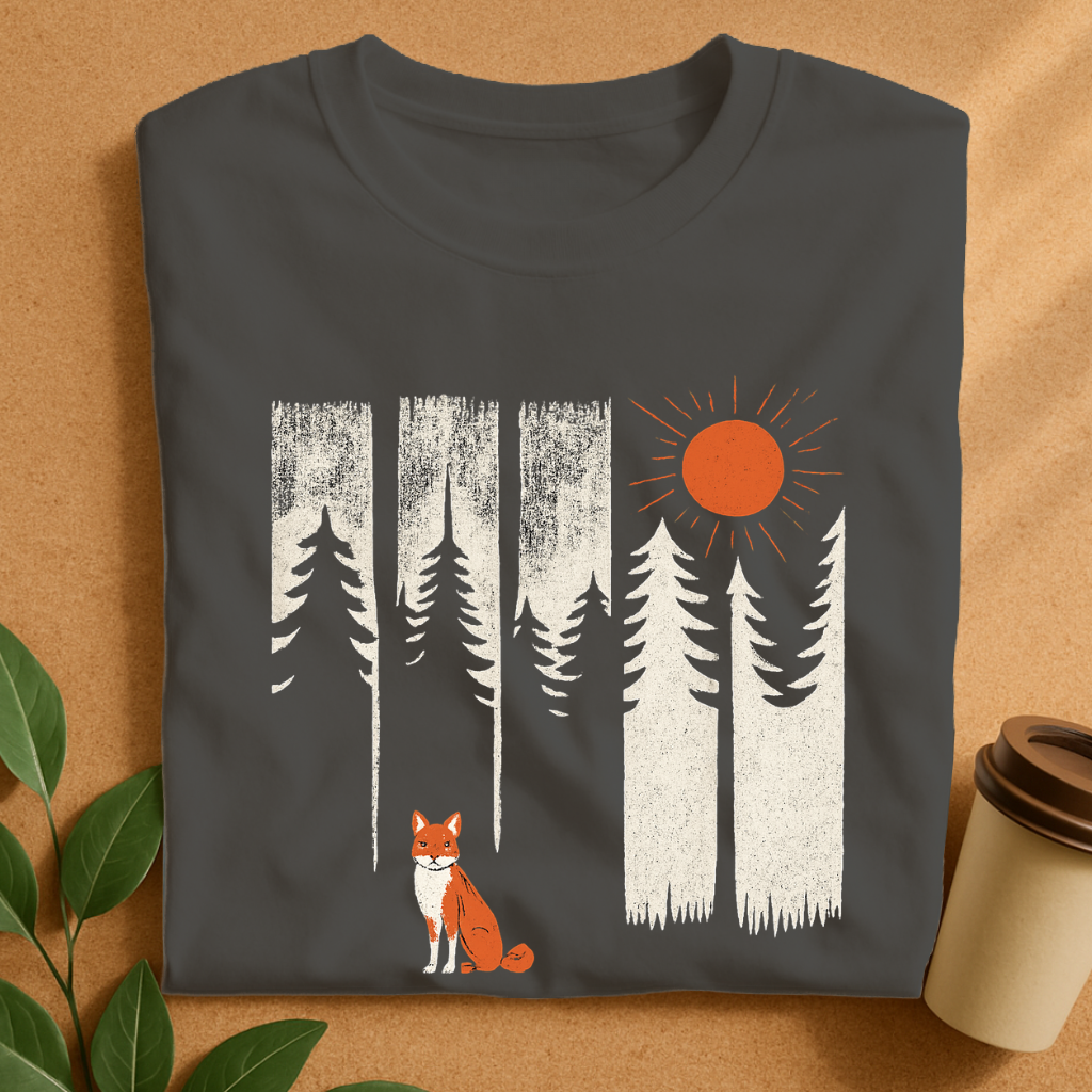 Rustic Forest Scene with Fox & Sun Silhouettes T-Shirt