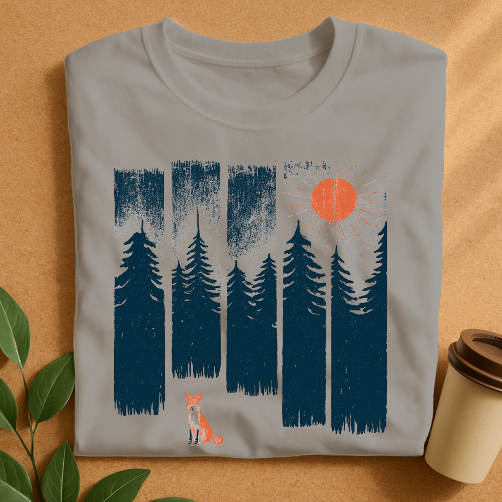 Rustic Forest Scene with Fox & Sun Silhouettes T-Shirt