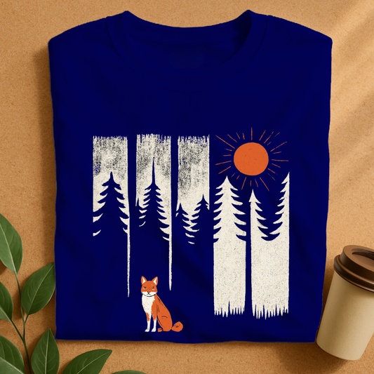 Rustic Forest Scene with Fox & Sun Silhouettes T-Shirt