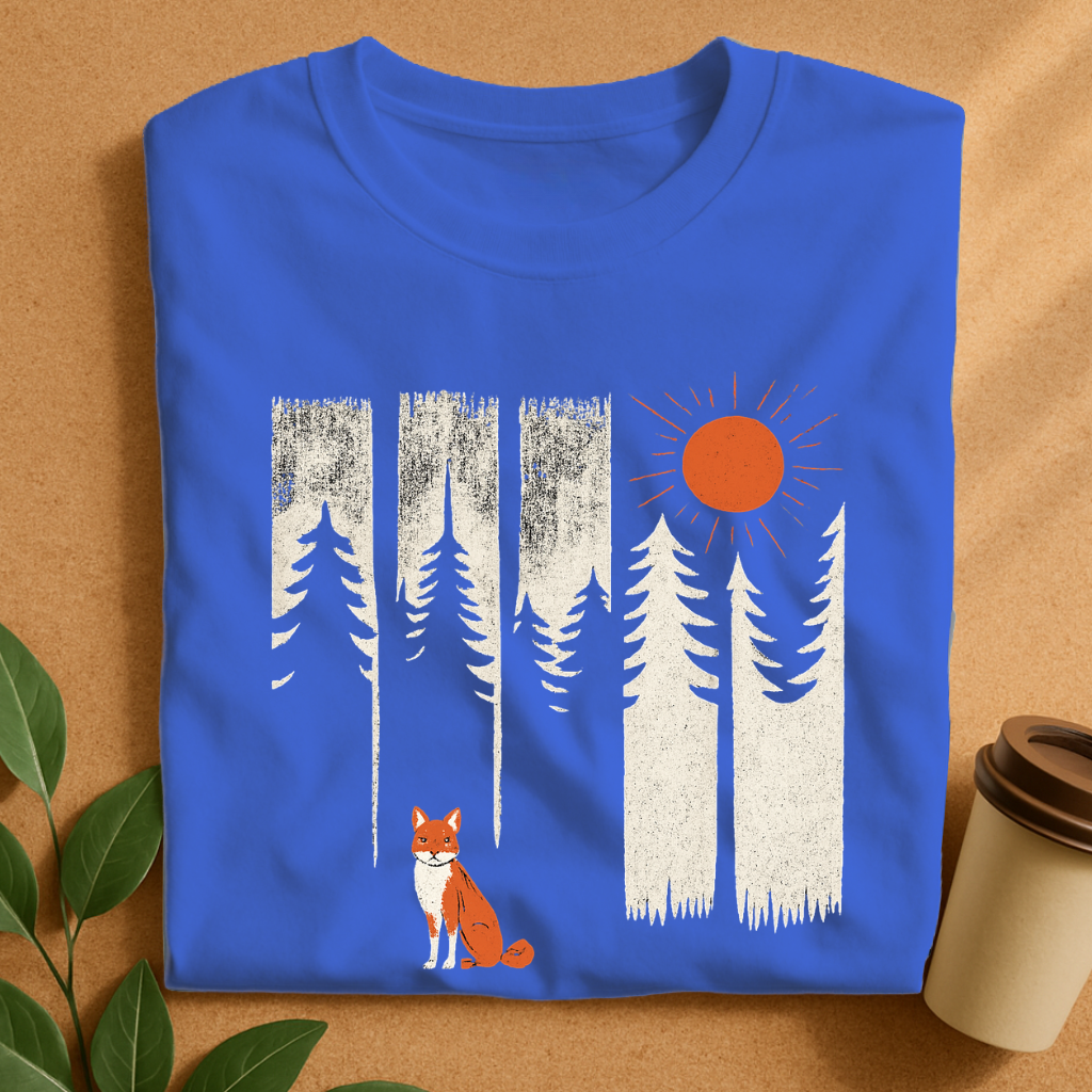 Rustic Forest Scene with Fox & Sun Silhouettes T-Shirt