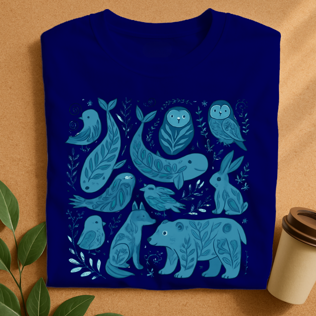Blue Woodland Creatures with Leafy Details T-Shirt