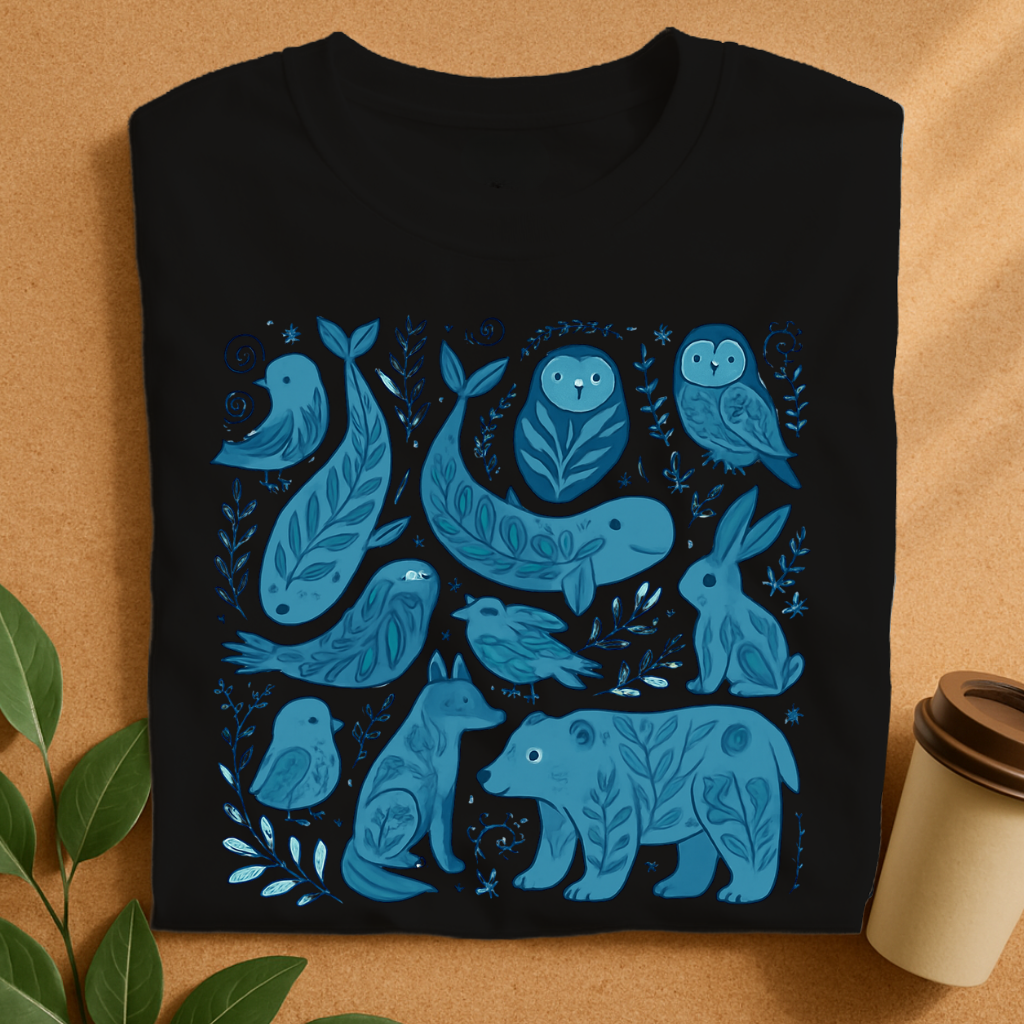 Blue Woodland Creatures with Leafy Details T-Shirt