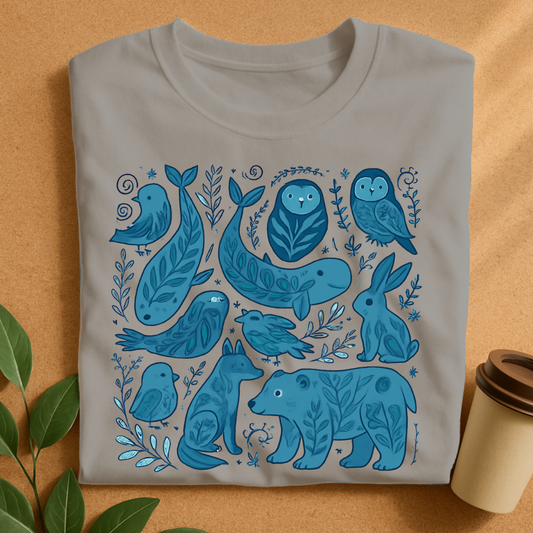 Blue Woodland Creatures with Leafy Details T-Shirt