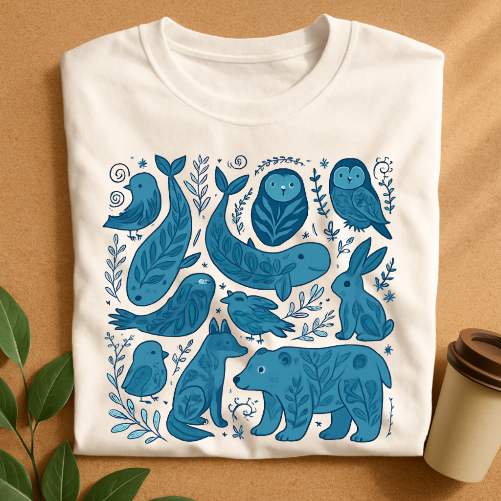 Blue Woodland Creatures with Leafy Details T-Shirt