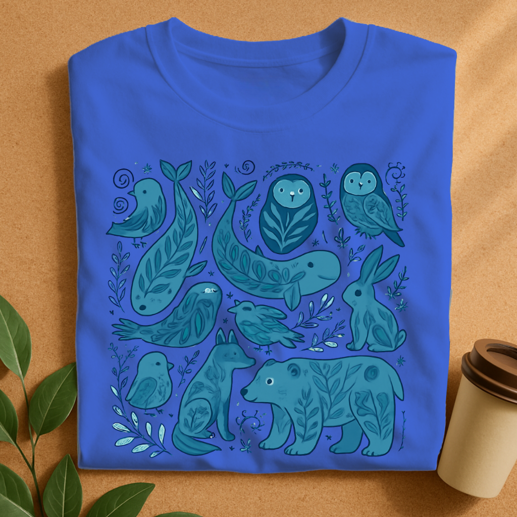 Blue Woodland Creatures with Leafy Details T-Shirt