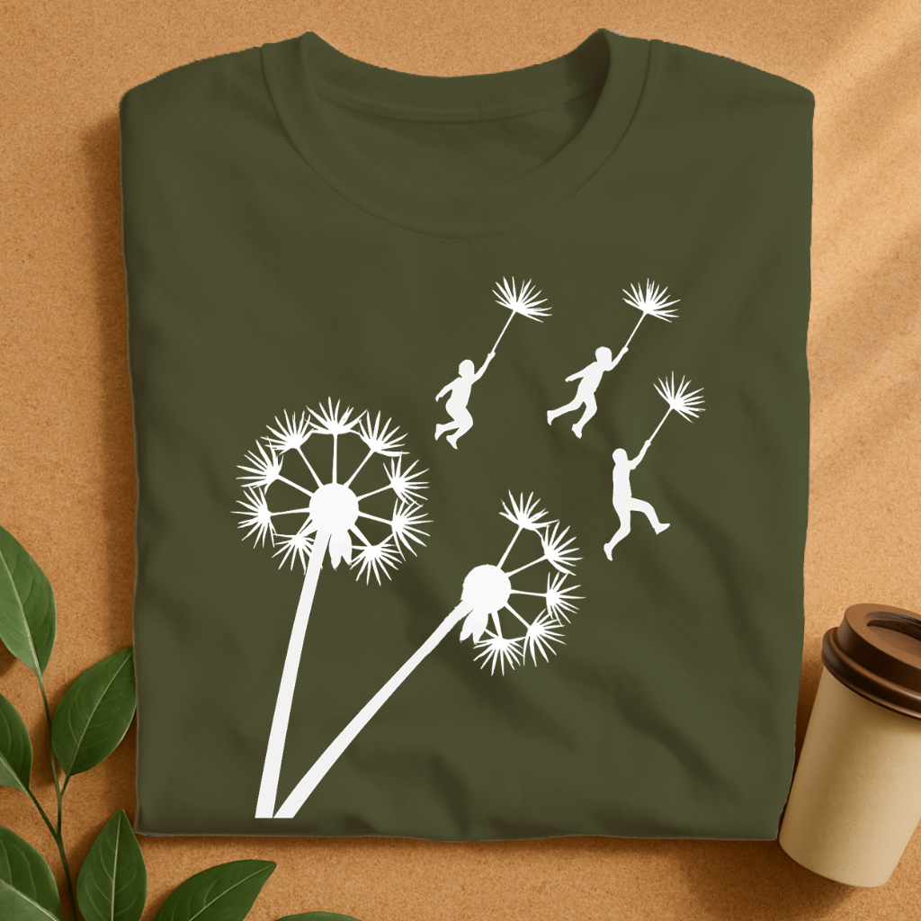 Flying Kids Holding Dandelion Seeds in Flight T-Shirt