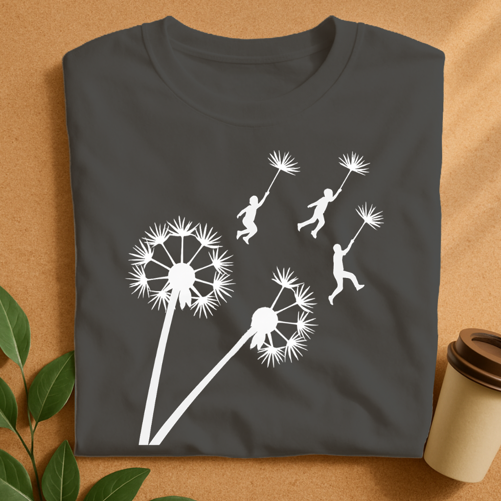 Flying Kids Holding Dandelion Seeds in Flight T-Shirt