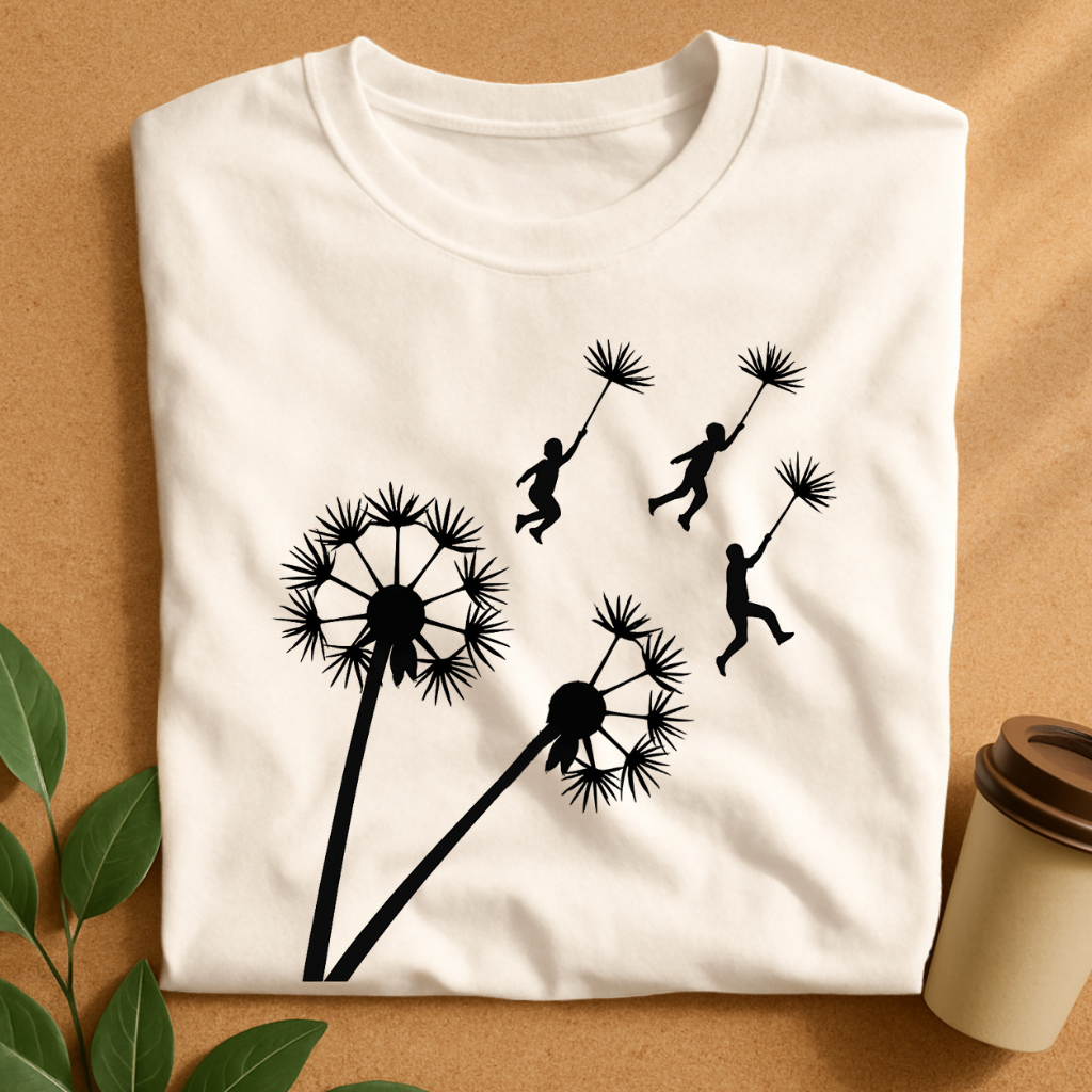 Flying Kids Holding Dandelion Seeds in Flight T-Shirt