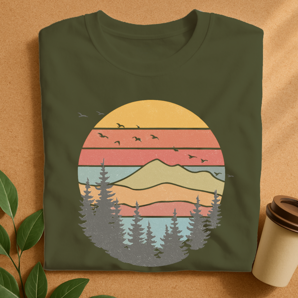 Retro Mountain Sunset with Pine Trees Silhouette T-Shirt