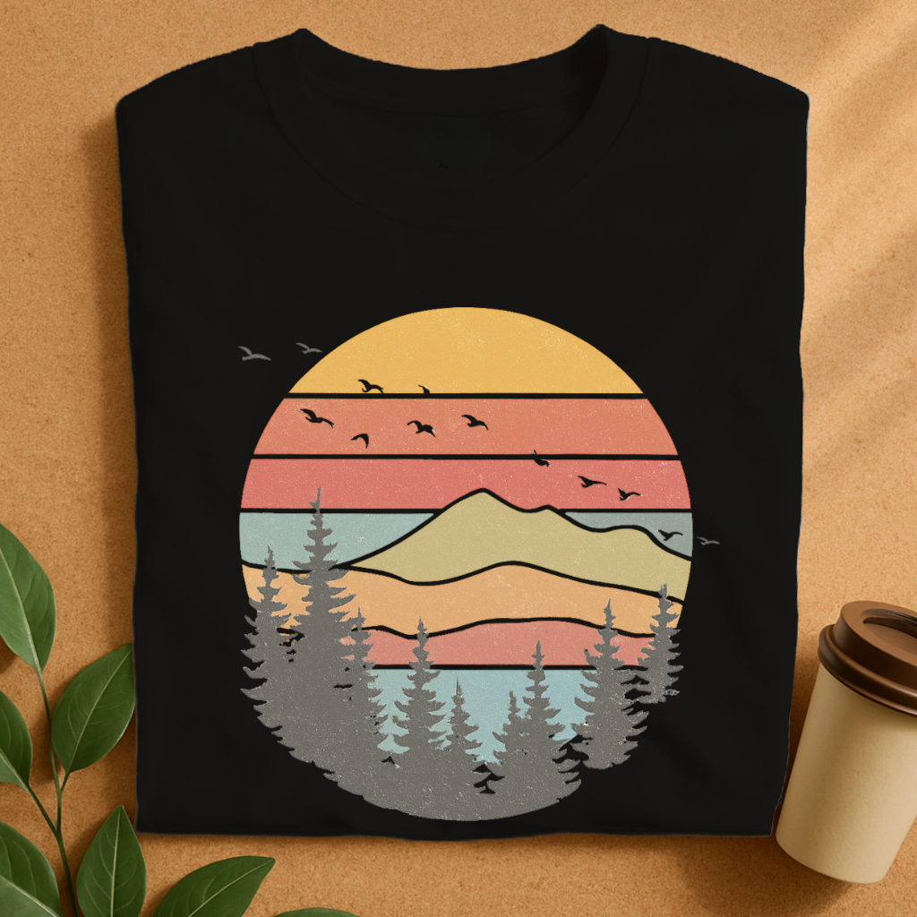 Retro Mountain Sunset with Pine Trees Silhouette T-Shirt