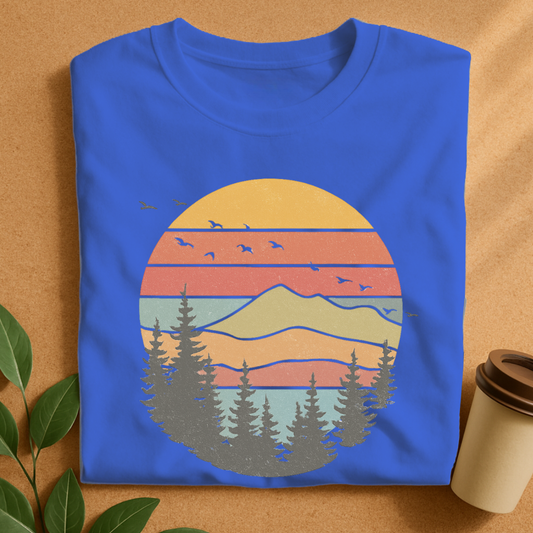 Retro Mountain Sunset with Pine Trees Silhouette T-Shirt