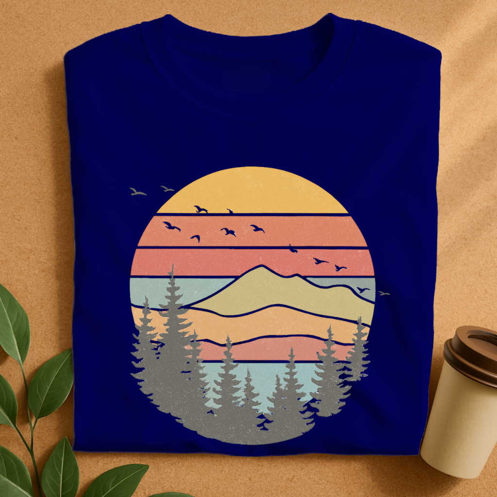 Retro Mountain Sunset with Pine Trees Silhouette T-Shirt