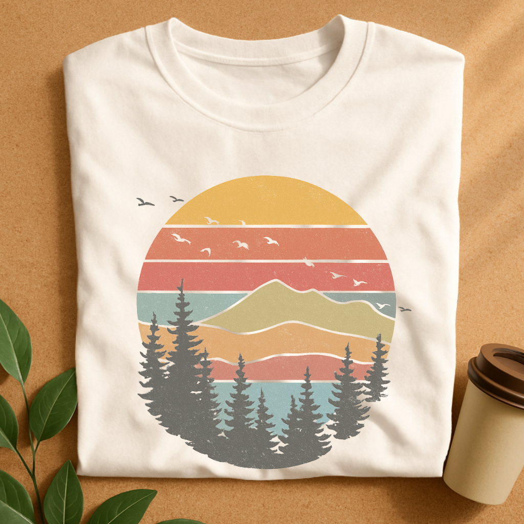 Retro Mountain Sunset with Pine Trees Silhouette T-Shirt